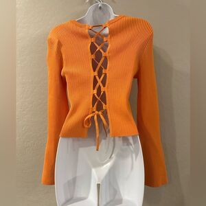 ROYALTY By MALUMA Orange Ribbed Flare‎ Long Sleeves Lace-Up Back Top Small